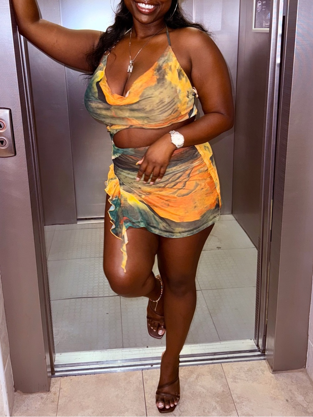 Mesh Mini Dress Set - Yellow/Green Combo